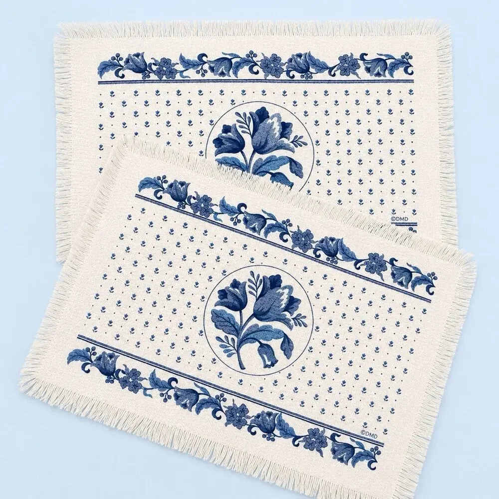 Set of 2 Vintage Pfaltzgraff Blue Floral Fringed Placemats 12x18 Cottage Core